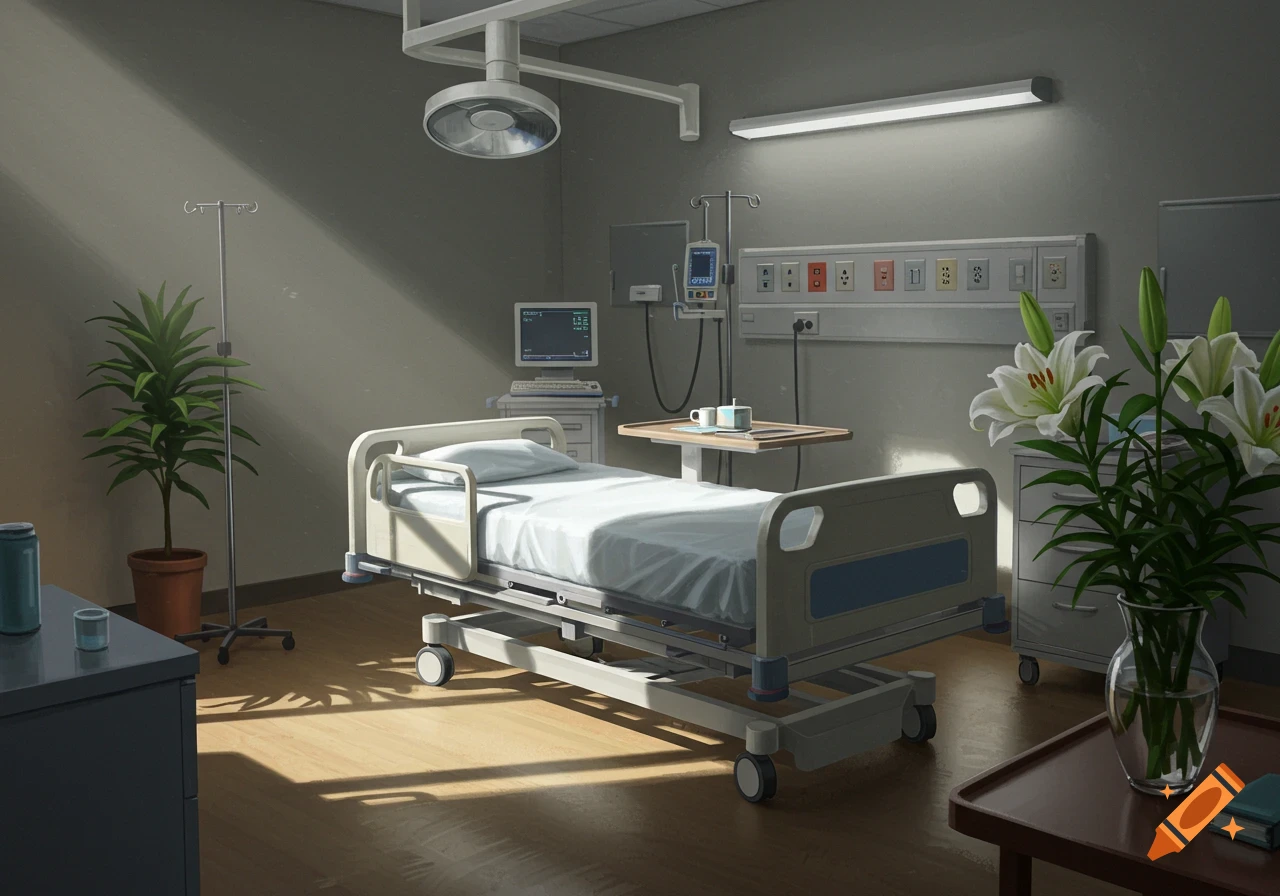 A brightly lit hospital room features an empty bed, medical equipment, a potted plant, and a vase of white lilies.