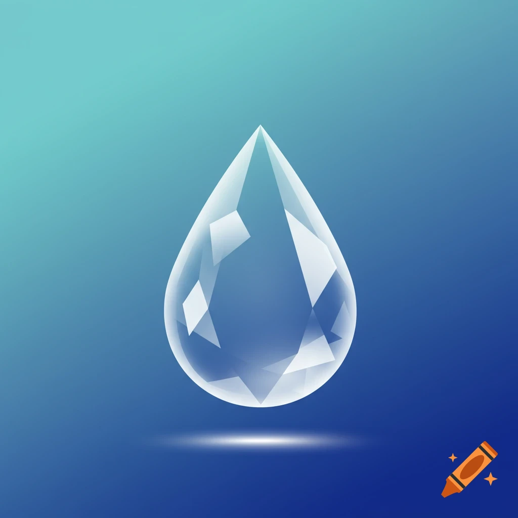 A clear, faceted teardrop or gem-shaped icon floats over a blue gradient background, casting a subtle shadow.