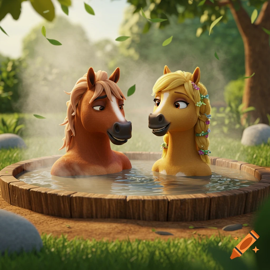 Two happy 3D animation cartoon horses relaxing in a mud hot tub outdoors.