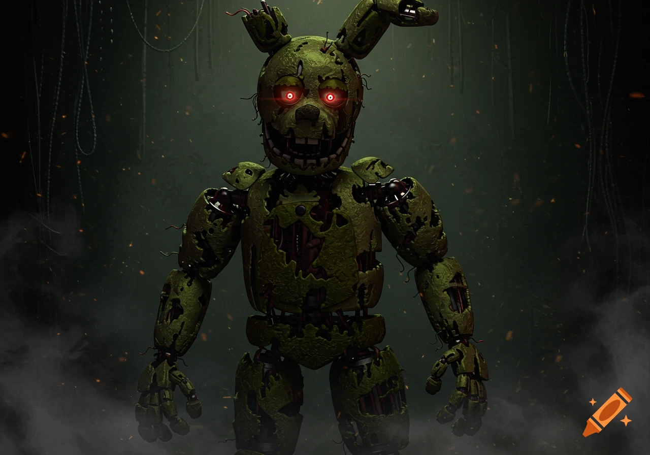 A dilapidated green animatronic bunny, Springtrap, with glowing red eyes, stands menacingly in a dark, grimy room with wires.