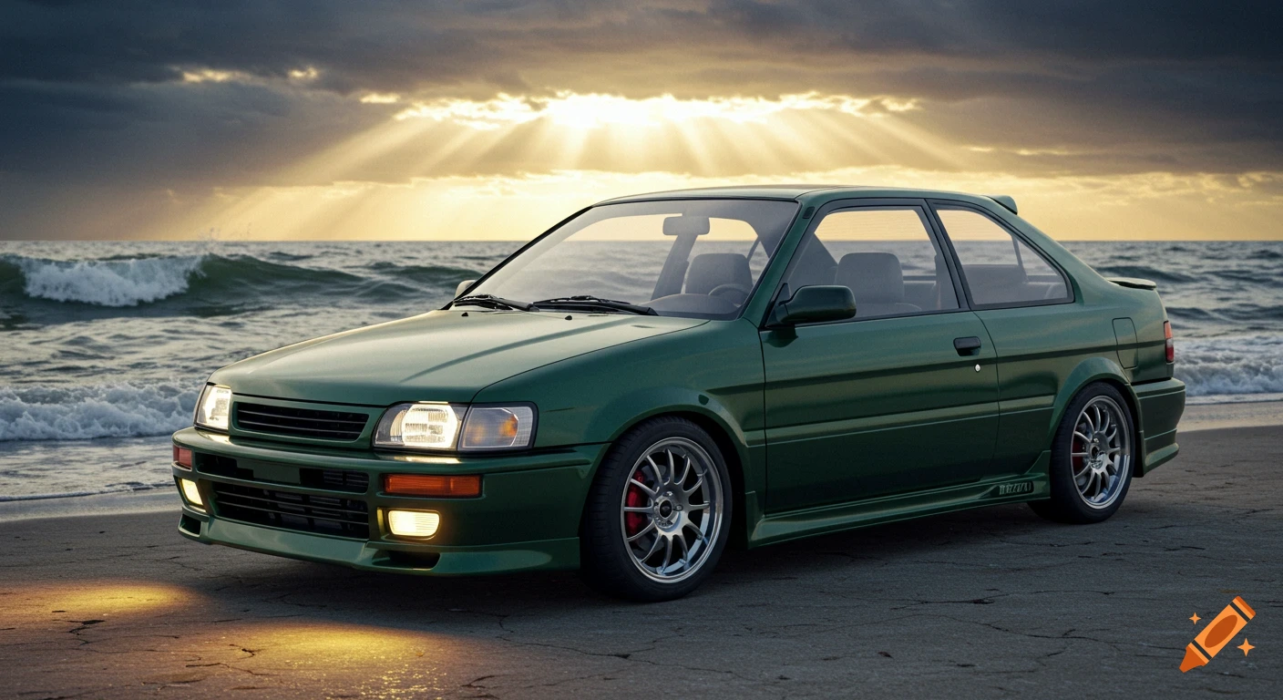 A dark green 1997 Toyota Tercel is parked on a beach during sunset, with radiant sun rays through storm clouds and ocean waves crashing in the background.