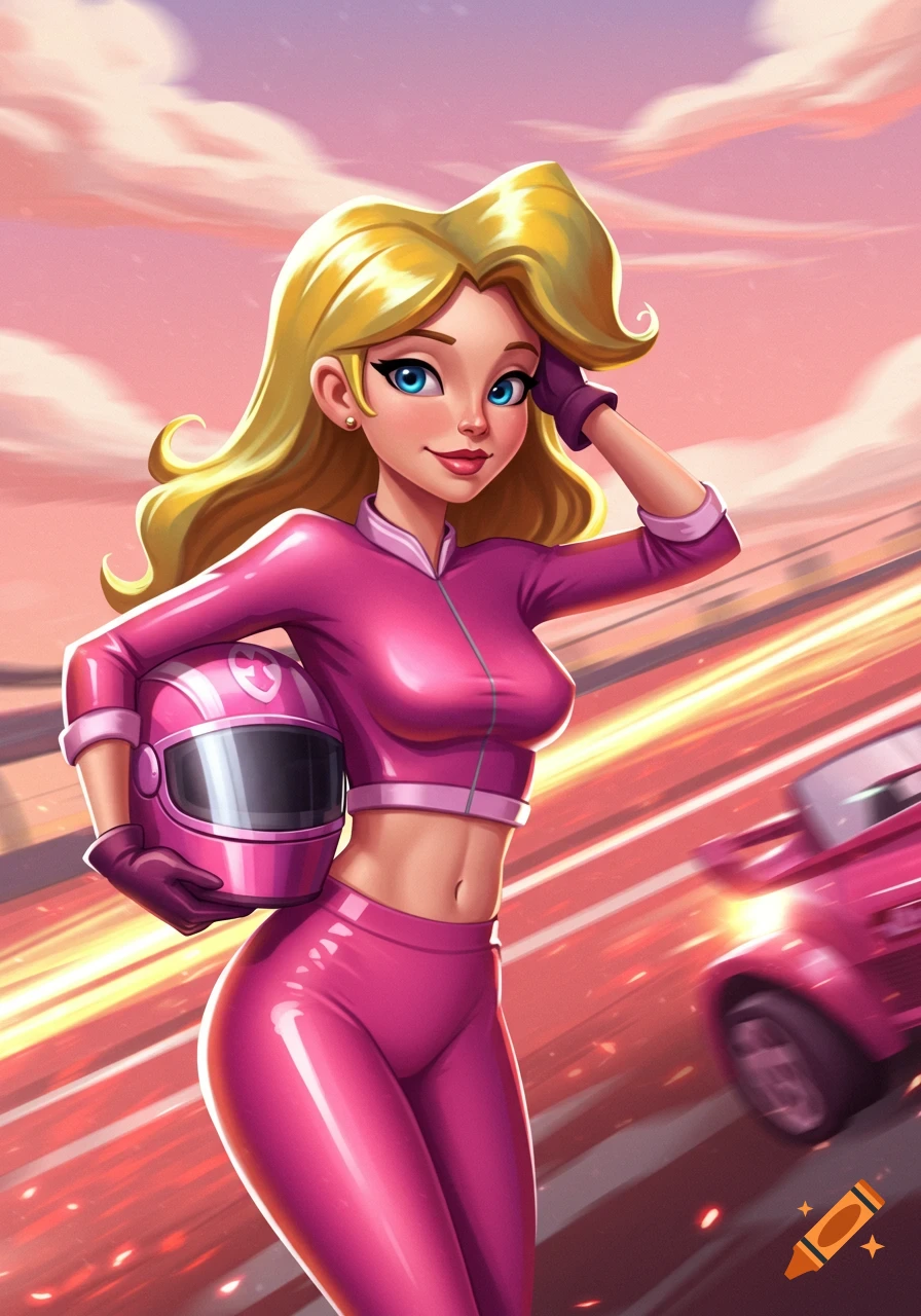 A smiling blonde cartoon woman in a pink crop top and leggings, holding a helmet on a blurred racing track at sunset.