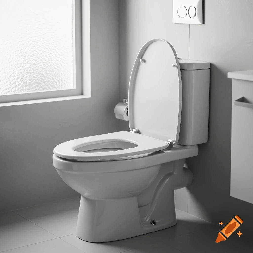A clean, white toilet with the seat and lid raised in a modern bathroom with a frosted window.