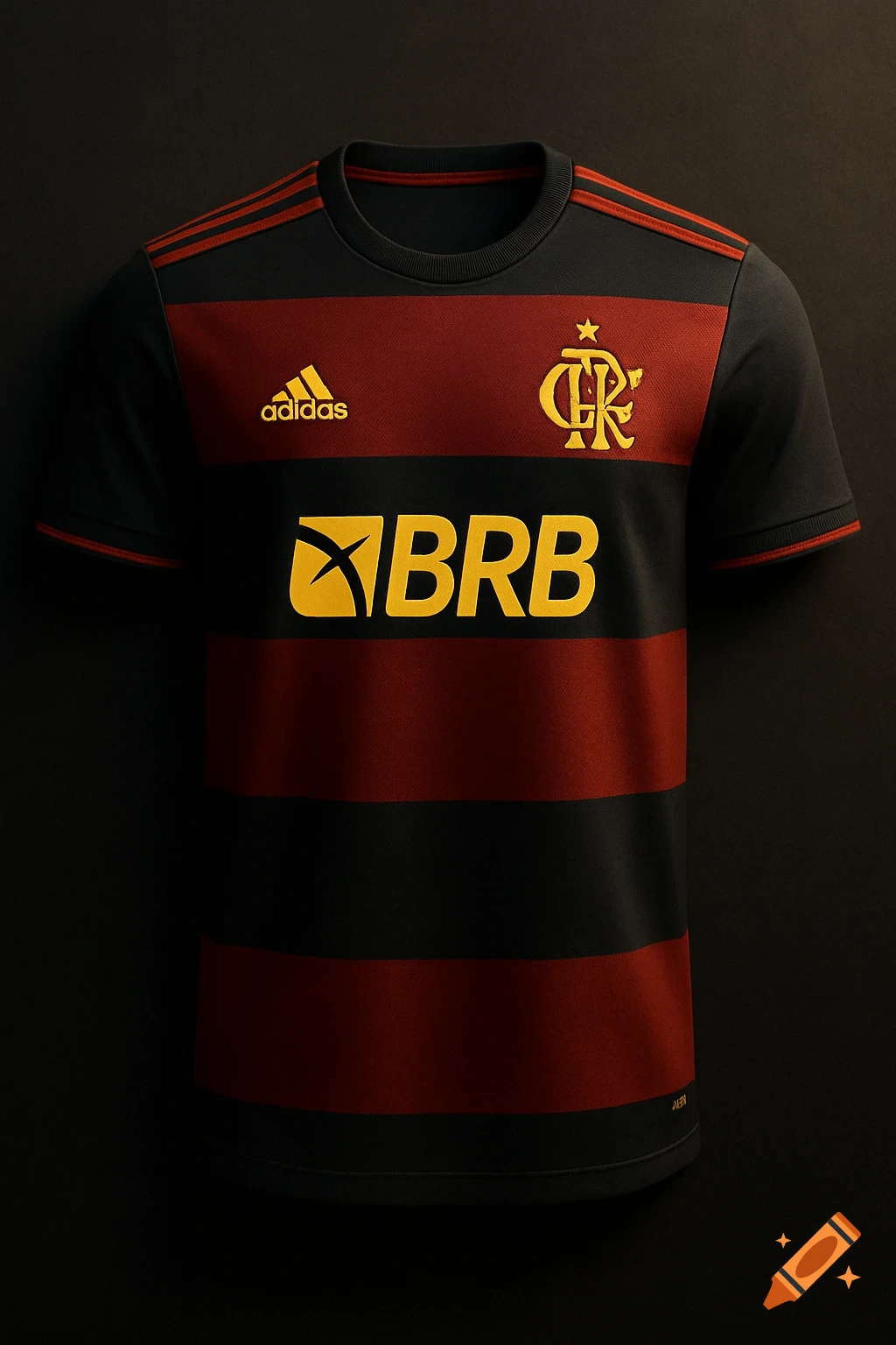 A photorealistic black and maroon striped football jersey with yellow Adidas, CRF, and BRB logos, displayed against a dark background.