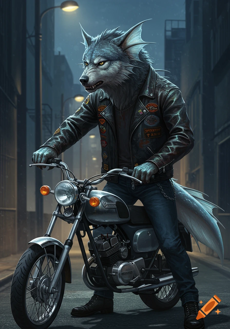 A bipedal wolf-fish creature with an aggressive expression, wearing a black leather jacket and jeans, sitting on a vintage motorcycle in a dark, rainy alley.