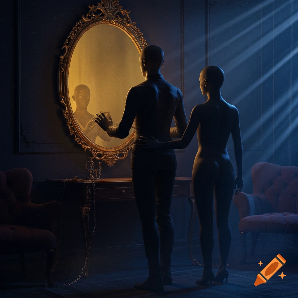 Two stylized figures, one dressed and one nude from the back, stand before a gold-framed mirror in a dimly lit, elegant room with blue light streaks.