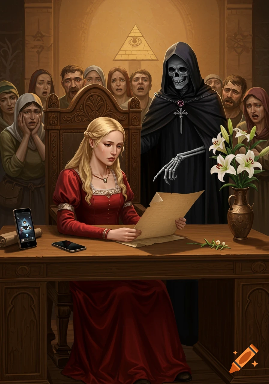 A blonde woman in a red medieval dress sits at a desk, looking at a document. Death in a black cloak stands beside her, pointing. Peasants watch with distressed expressions. A smartphone and lilies are on the desk.