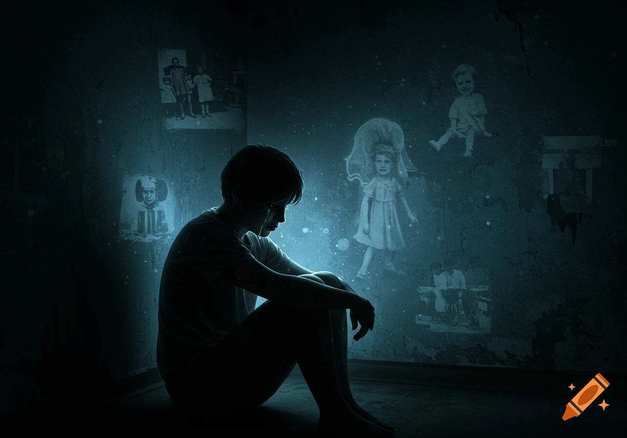 A person sits alone in a dark room, head down and crying, surrounded by glowing, faded images of childhood memories on the walls.