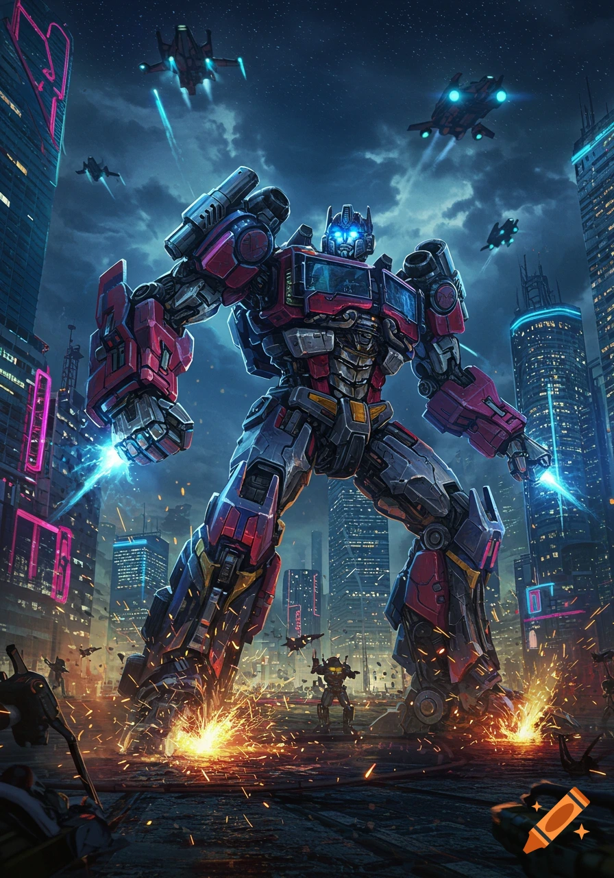Optimus Prime, a large red and blue robot, battles smaller robots in a futuristic city at night with explosions and flying vehicles.