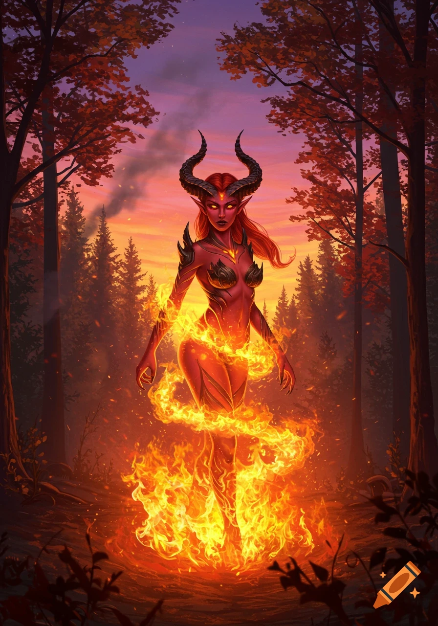 Red-skinned devil woman with horns emerging from flames in a dark forest at sunset, fantasy art.