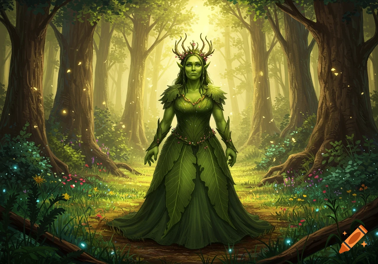 A green-skinned woman wearing a leaf dress and antler-like crown stands in a sunlit, enchanted forest.