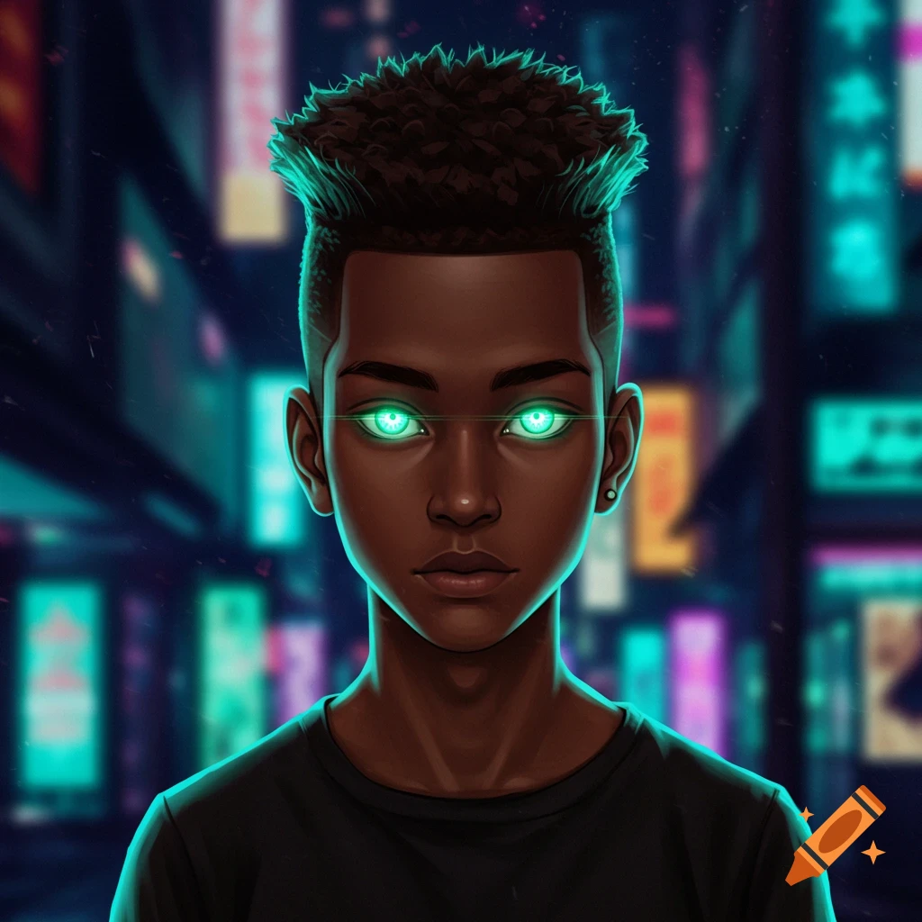 Stylized anime boy with a high top fade and glowing green eyes against a blurred neon city background.