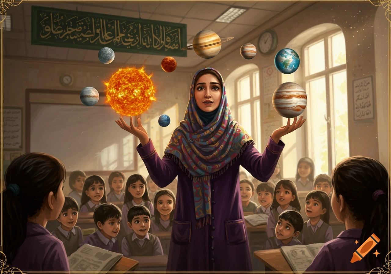 A digital illustration of a veiled teacher holding planets and a glowing sun, teaching students about the solar system in a classroom.