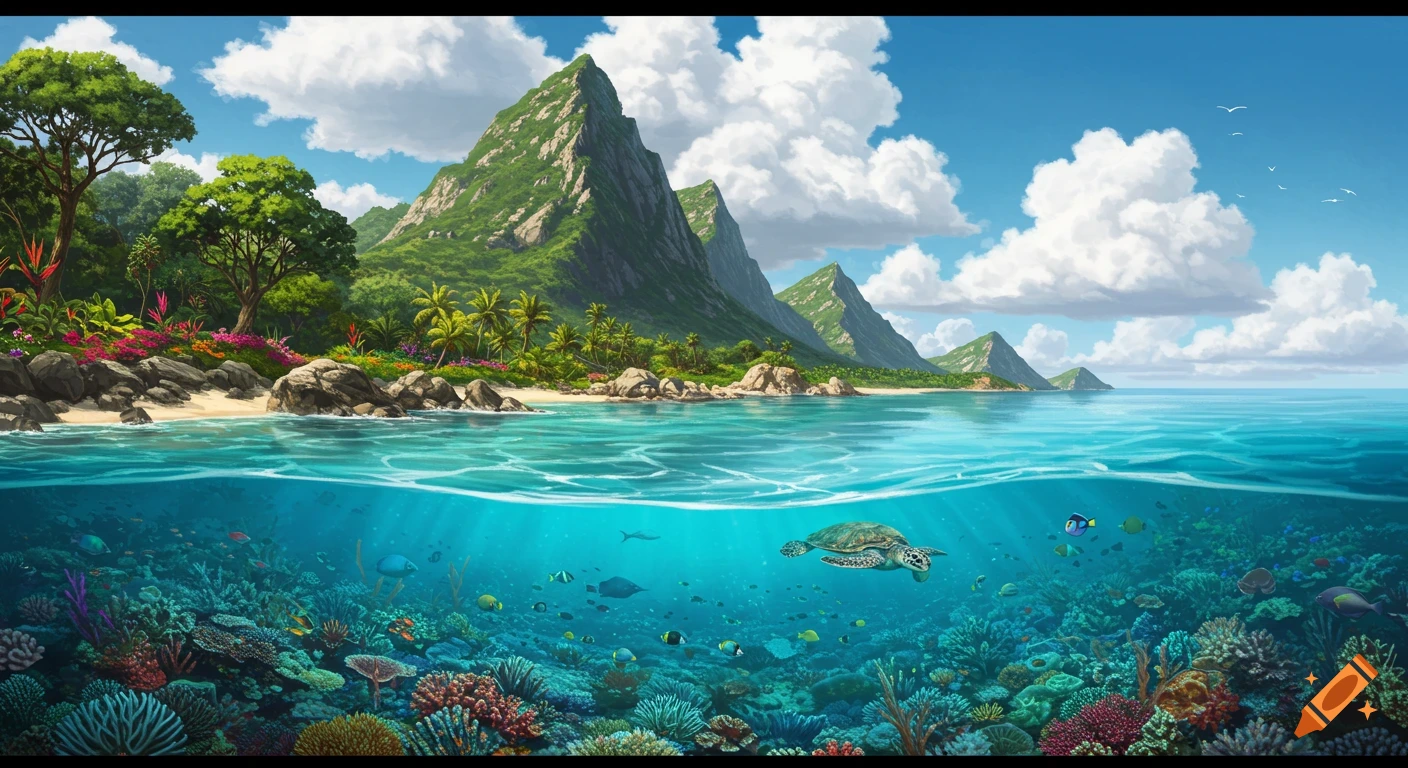 Vibrant tropical island with lush mountains, sandy beach, and clear blue ocean; colorful coral reef with marine life underwater.