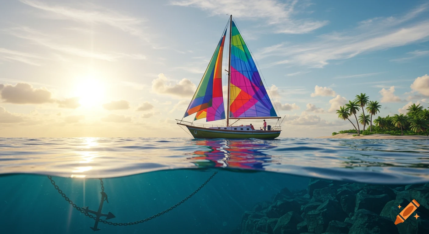 Photorealistic split shot of a colorful sailboat on the ocean at sunset, with an anchor underwater and a tropical island.