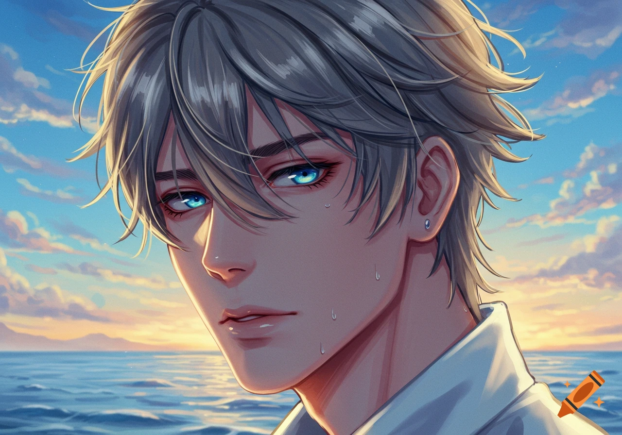 Anime male with ash blond hair and bright blue eyes, with sweat droplets on his face, looking towards a sunset seascape.