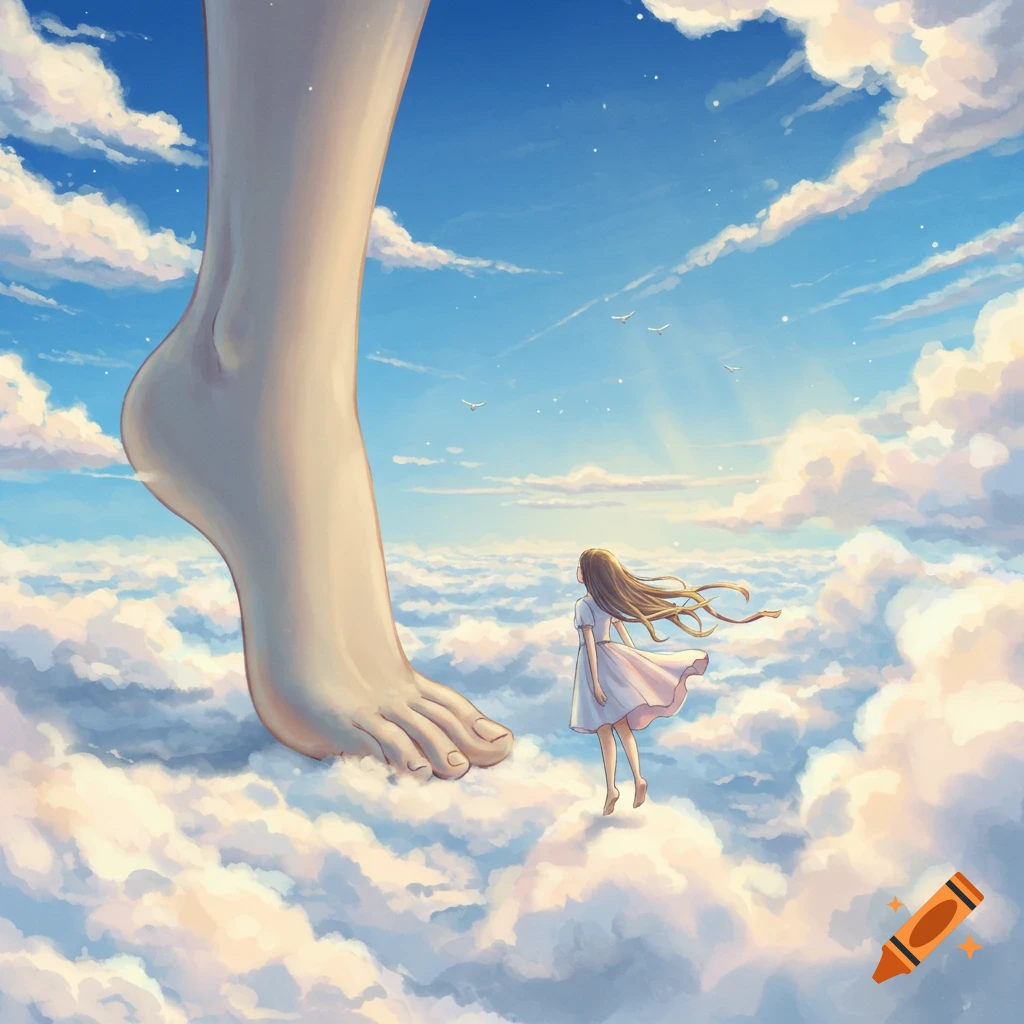 Anime illustration of a massive bare foot and a tiny girl in a white dress standing on fluffy clouds under a blue sky.