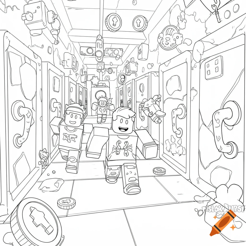Black and white coloring page of Roblox characters running down a cluttered corridor filled with doors and coins.
