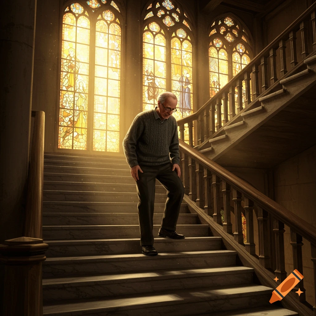 An old man rubs his knee ascending sunlit marble stairs in a grand hall with stained glass windows.