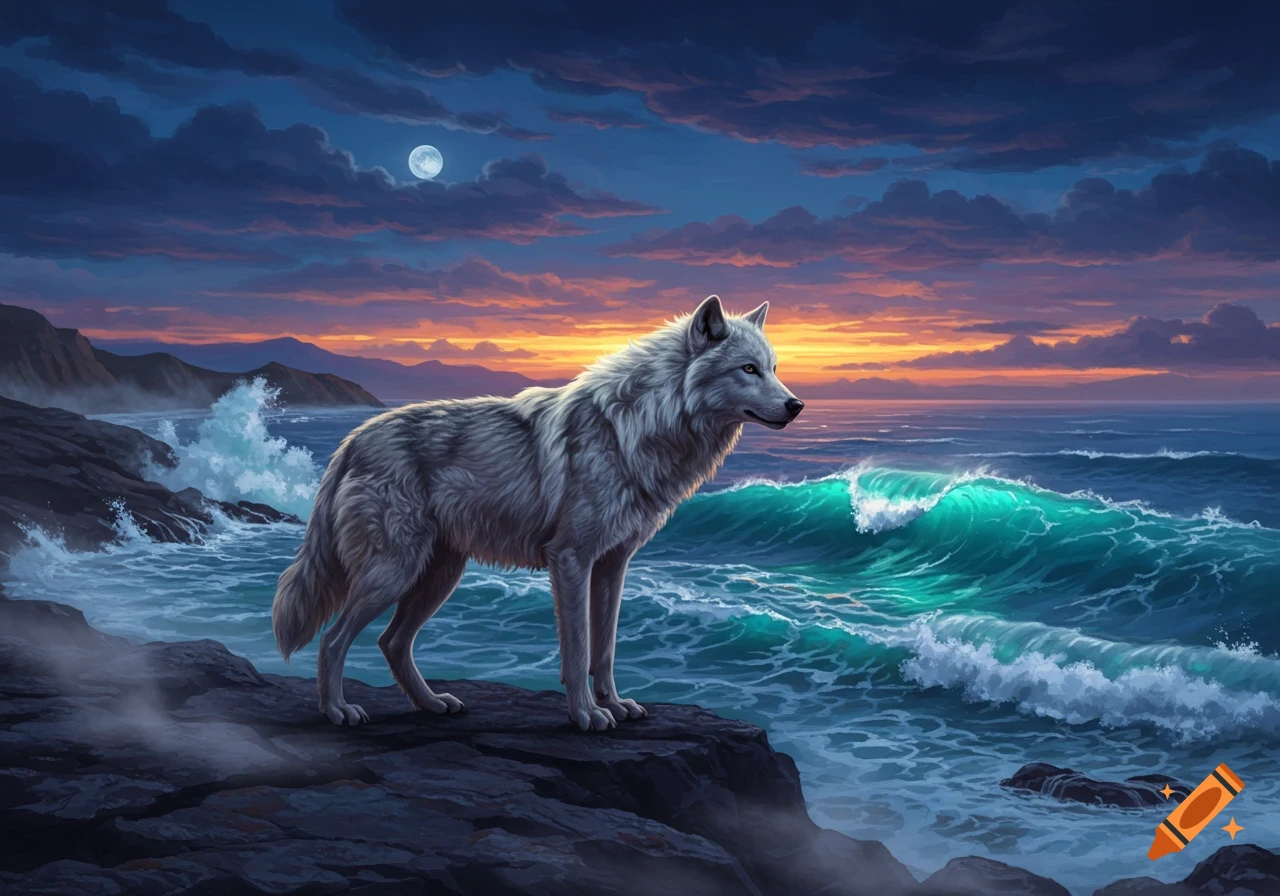 A majestic white wolf stands on a rocky coast, gazing at turquoise waves under a vibrant sunset sky with a full moon.