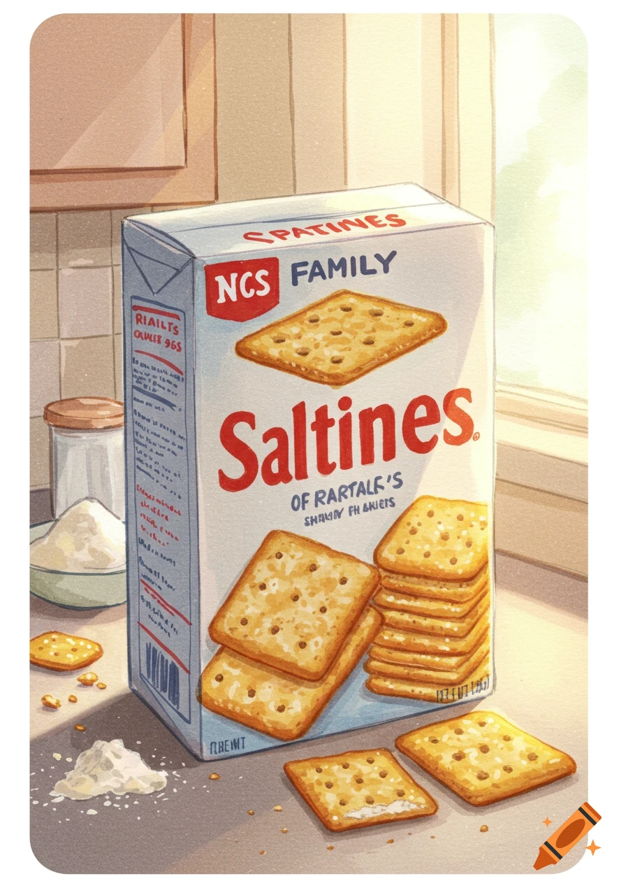 A watercolor illustration of a family-sized box of saltine crackers on a kitchen counter, with several crackers and salt scattered around it.