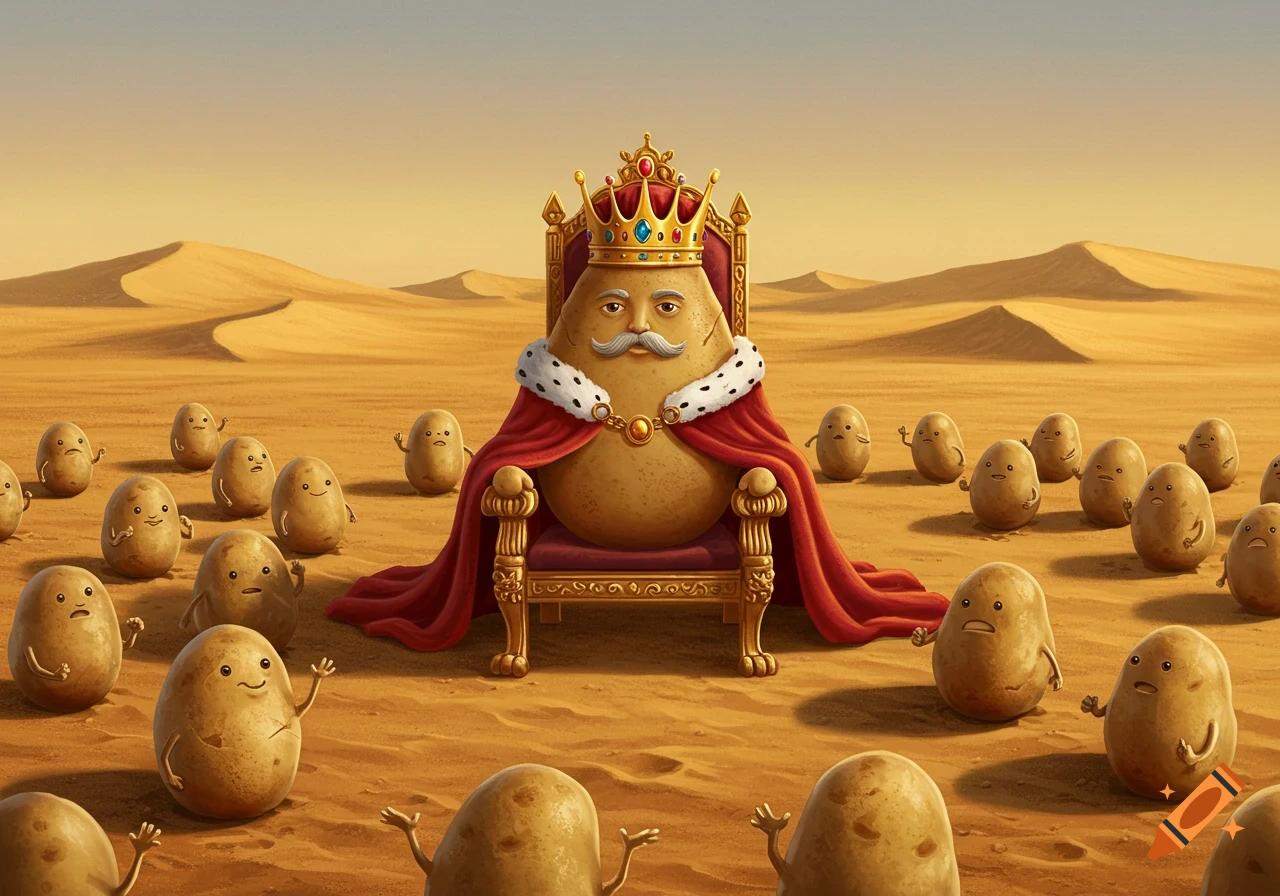 A cartoon king potato in a red robe and golden crown sits on a throne in a desert, surrounded by many expressive potatoes.