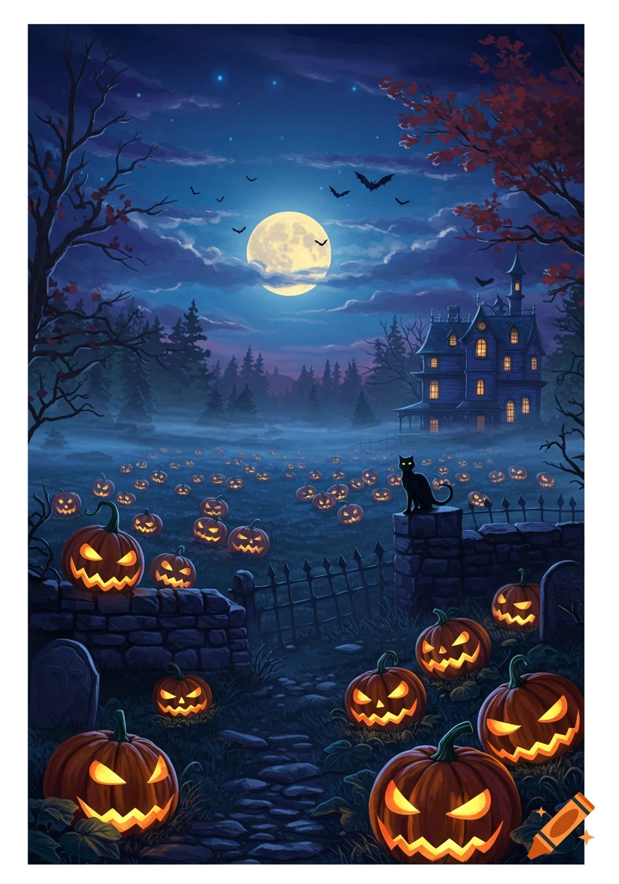 A spooky Halloween night scene with a full moon, haunted house, numerous glowing jack-o'-lanterns, and a black cat.