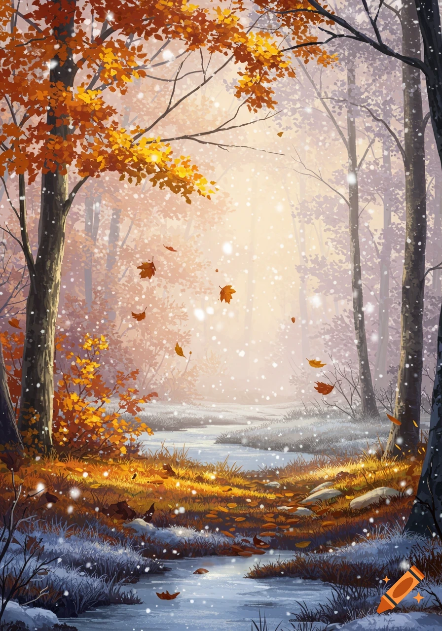 Vibrant fall trees with orange leaves and falling snow in a serene forest, with a winding stream and frosty ground.