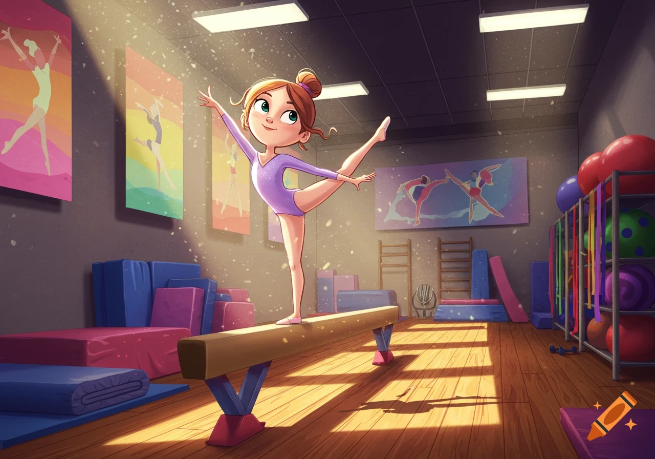 A smiling cartoon girl in a purple leotard balances on a beam in a brightly lit gymnastics gym.