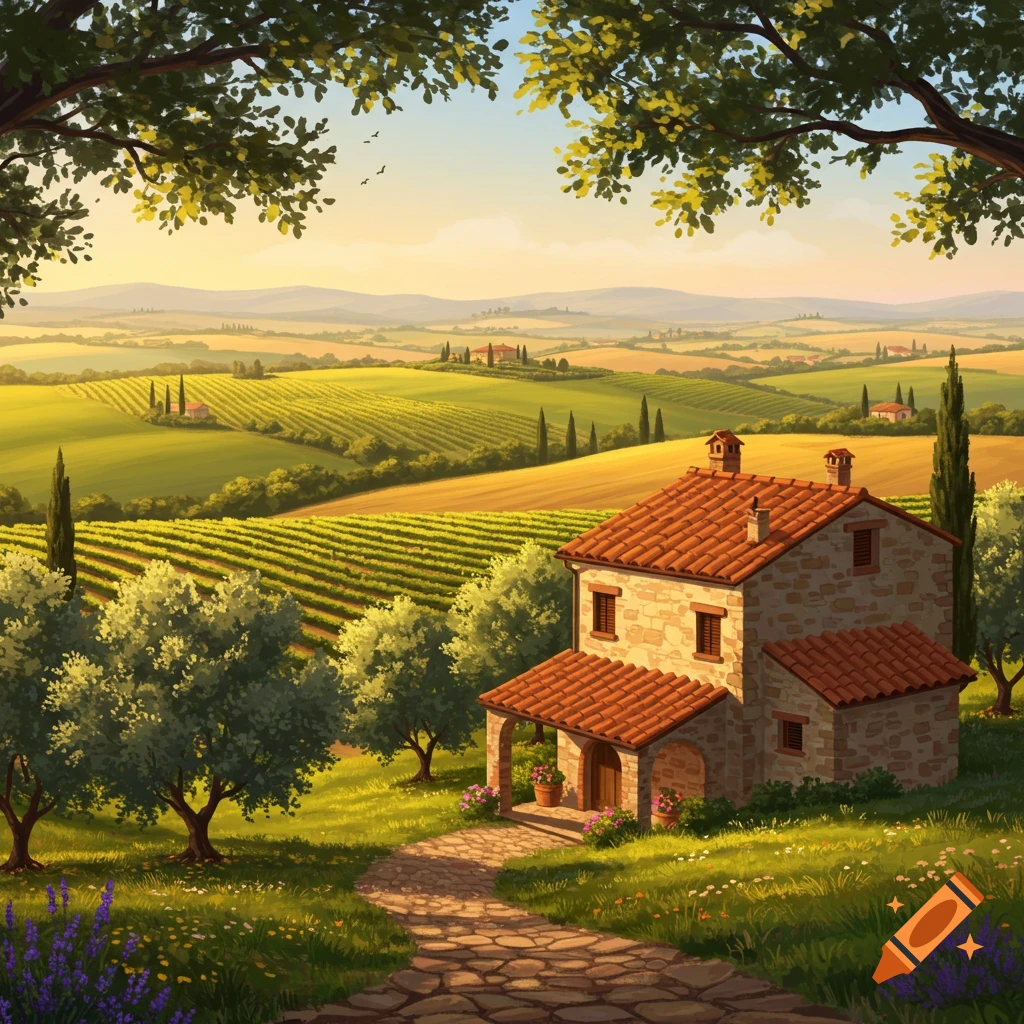 Illustrative landscape of a stone farmhouse amidst Tuscan vineyards and olive trees, with rolling hills under a sunny sky.
