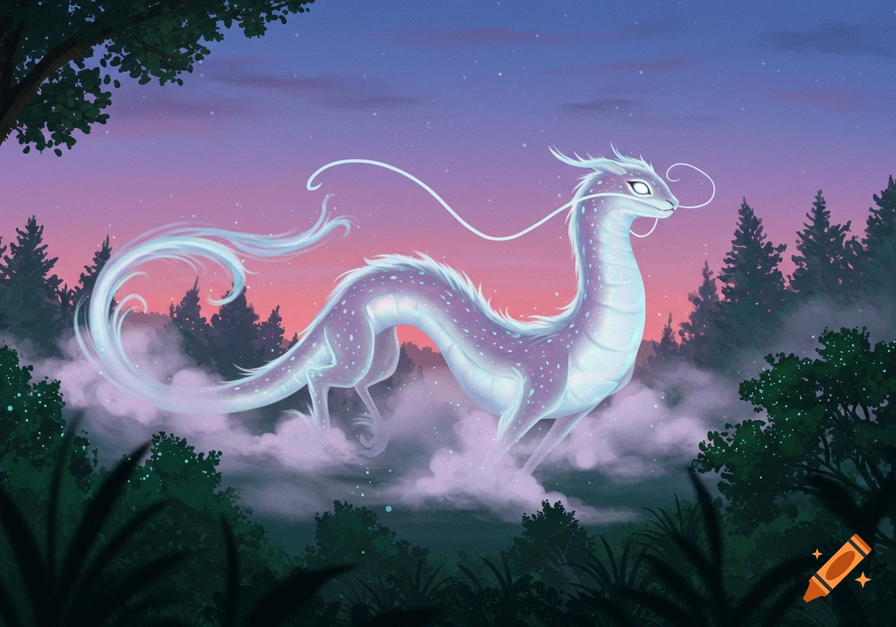 A glowing, ethereal purple and blue dragon-like creature floats over a misty forest at twilight.