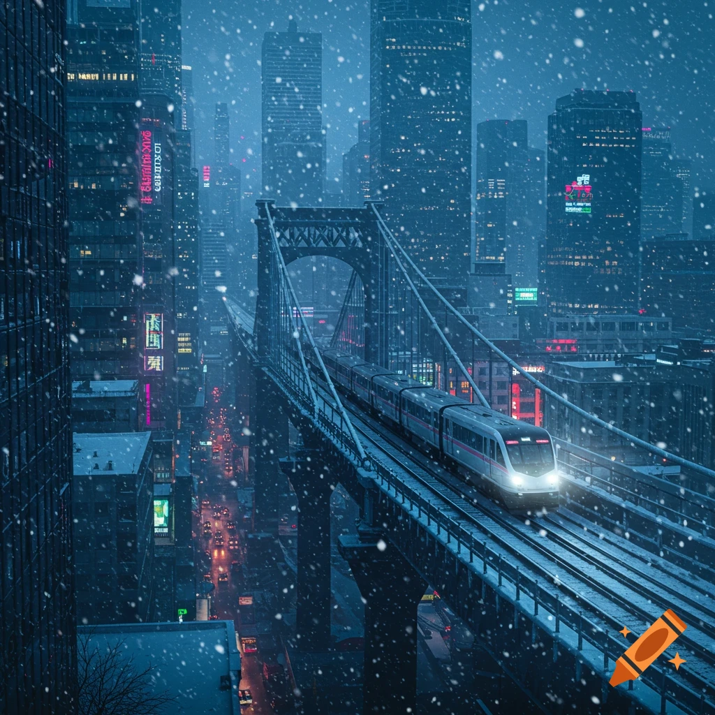 A photorealistic view of a train crossing a suspension bridge over a snowy city with skyscrapers at night.
