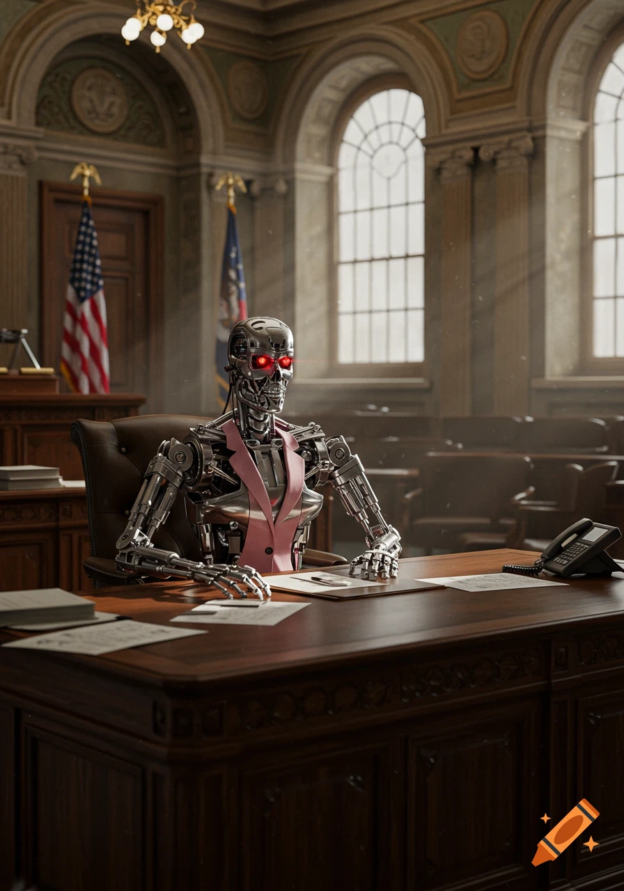 A photorealistic image of a Terminator robot in a pink business suit sitting at a wooden desk in a grand courtroom with flags.
