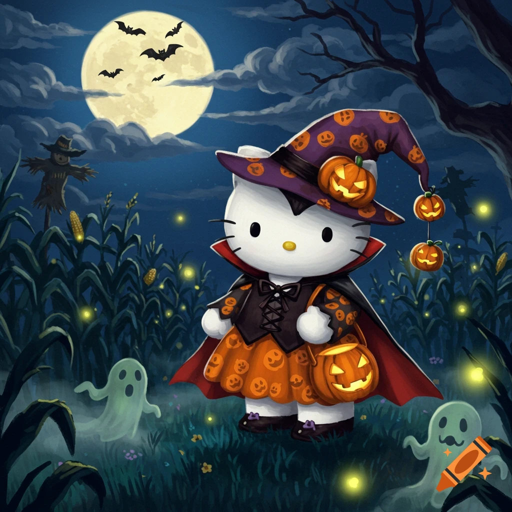 Hello Kitty in a witch/vampire costume holding a pumpkin bucket in a moonlit Halloween cornfield with ghosts and bats, illustration.