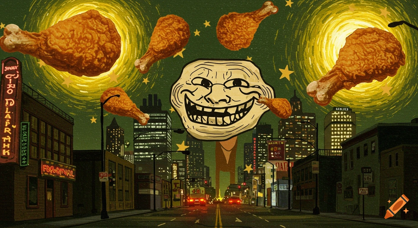 A stylized night cityscape with a giant troll face meme peering over buildings, surrounded by flying fried chicken drumsticks and yellow stars, against a dark green sky.