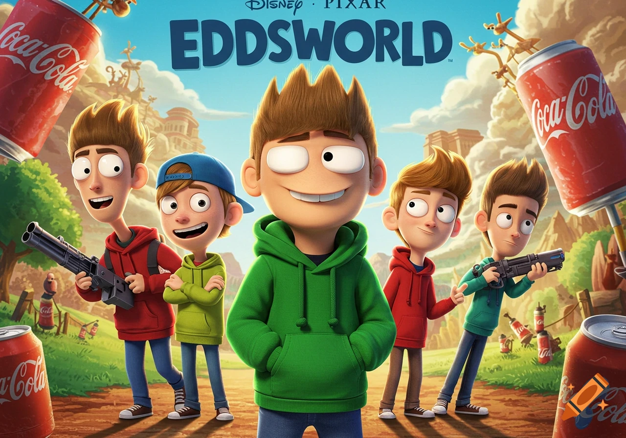 A Pixar-style movie poster for Eddsworld, showing five cartoon boys, some holding stylized weapons, and large Coca-Cola cans in a desert landscape.