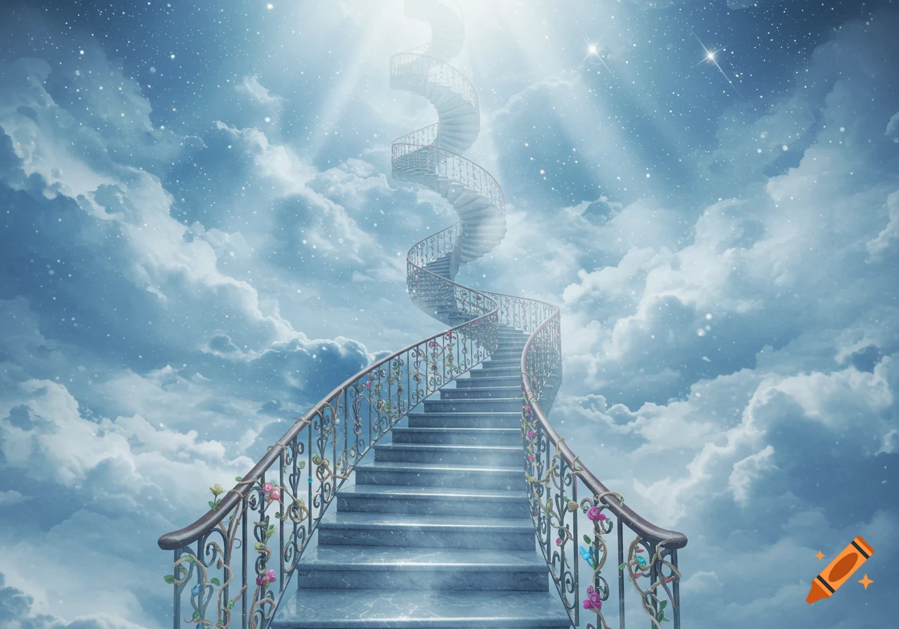 A majestic spiral staircase adorned with ornate railings and small flowers ascends through fluffy white clouds into a star-filled blue sky, illuminated by a bright light from above.