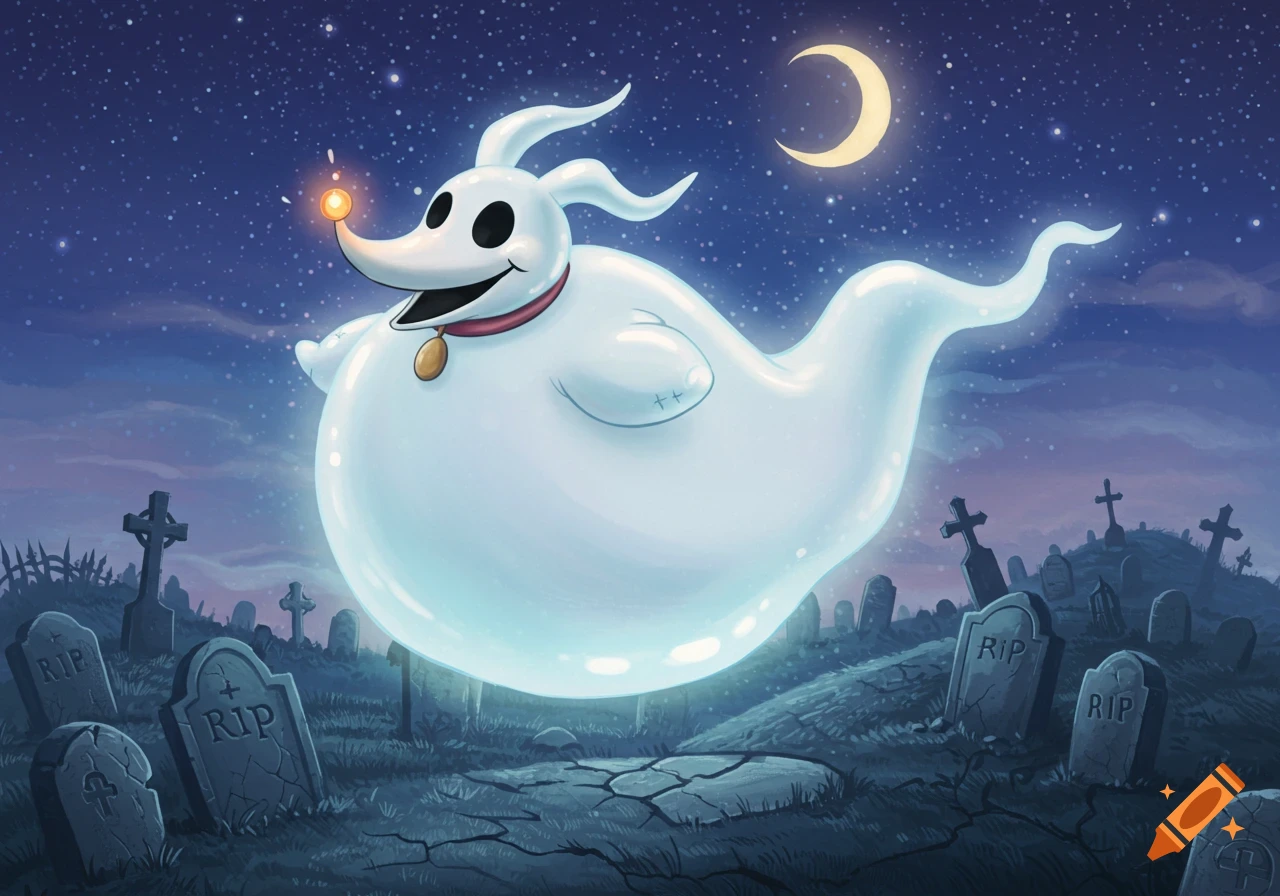 A friendly white ghost dog named Zero with a red collar and a glowing orange nose floats above a spooky graveyard at night under a crescent moon and starry sky.