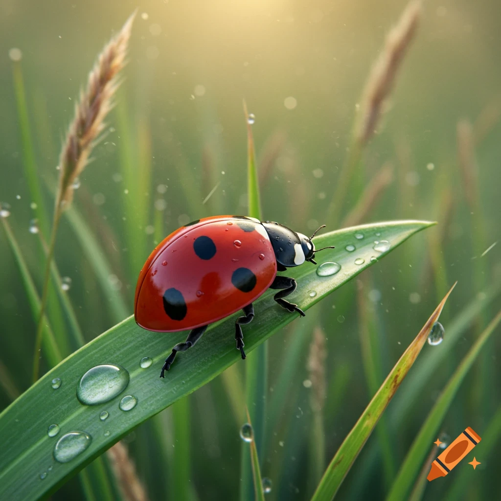 A close-up, photorealistic image of a red ladybug with black spots on a green leaf covered in dew drops.