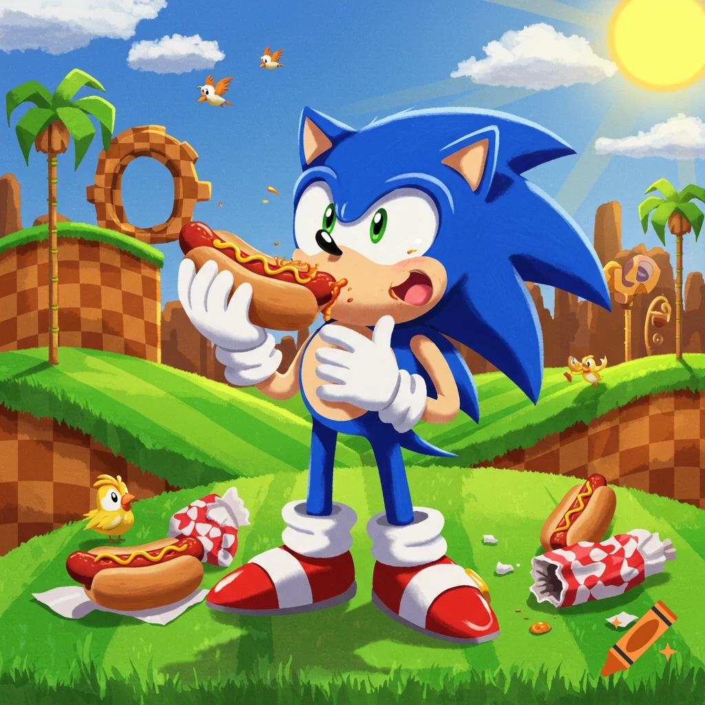 Sonic the Hedgehog enthusiastically eats a chili dog in a vibrant, stylized Green Hill Zone landscape, surrounded by more hot dogs and small animals.