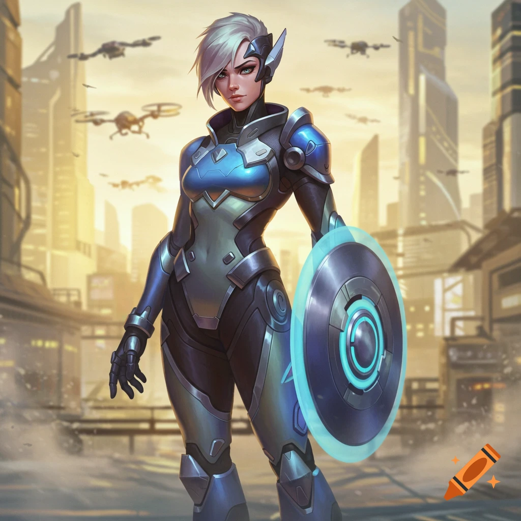 A female warrior with short white hair in futuristic blue and grey armor holds a glowing energy shield in a sci-fi city filled with drones.