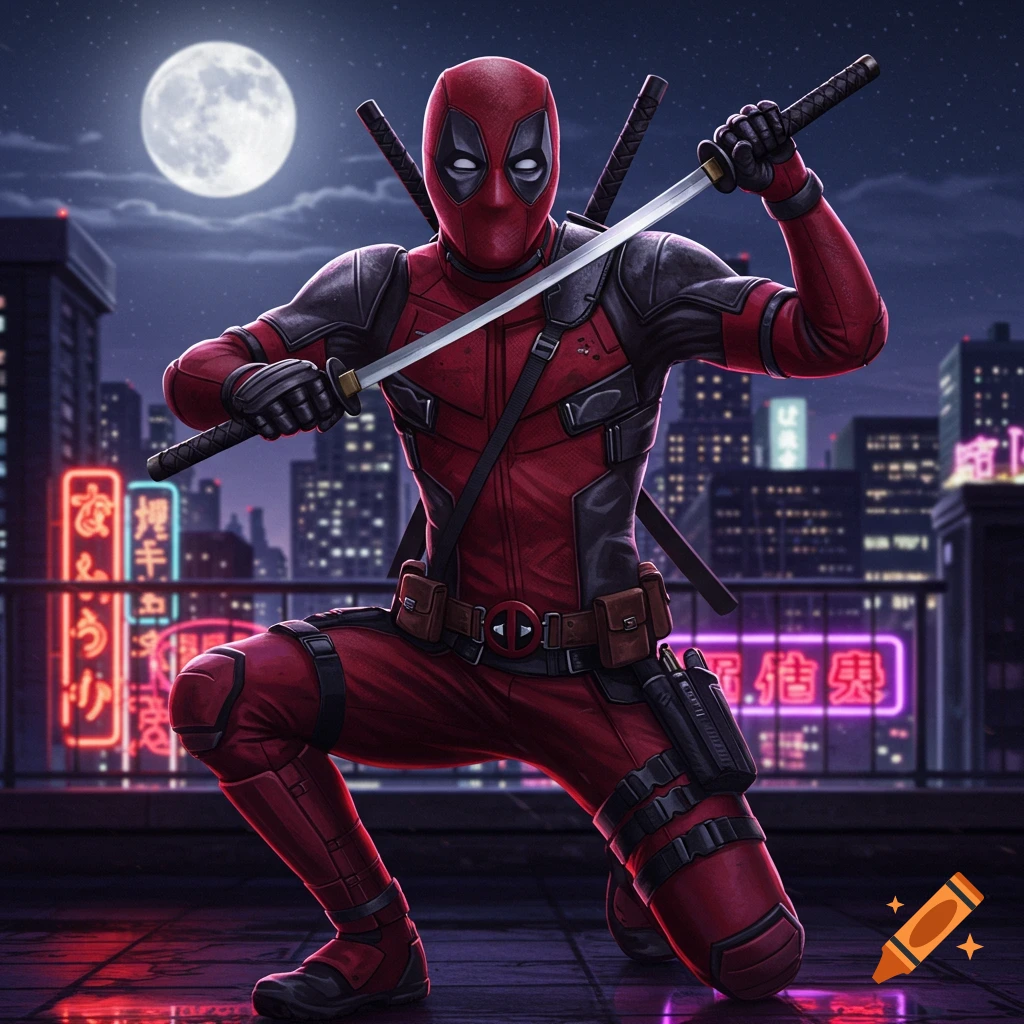 Deadpool kneels on a city rooftop at night, holding two katanas, with neon signs and a full moon in the background.