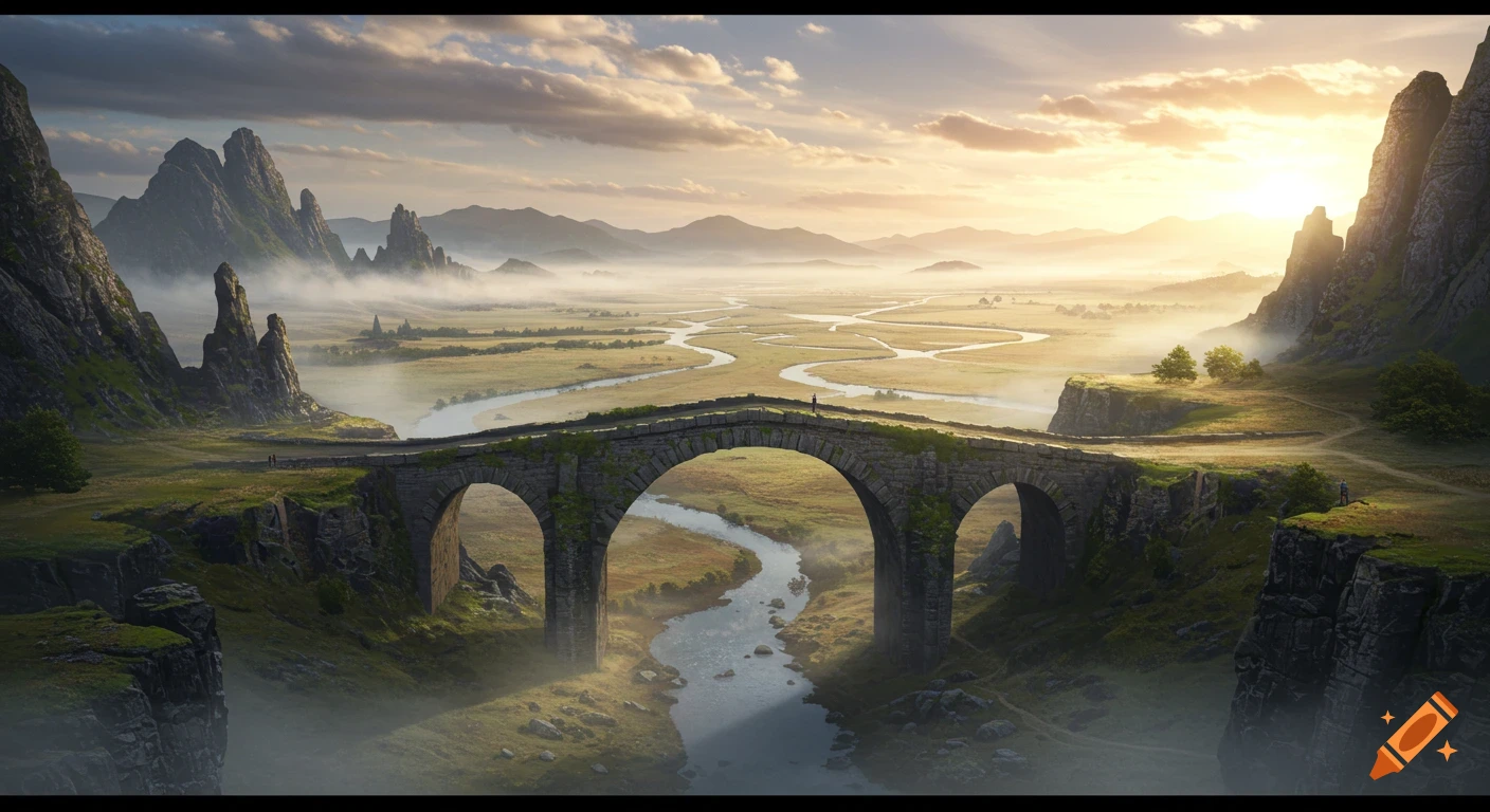 A sweeping panoramic view of a misty, mountainous valley with a winding river and an ancient stone bridge at sunrise.