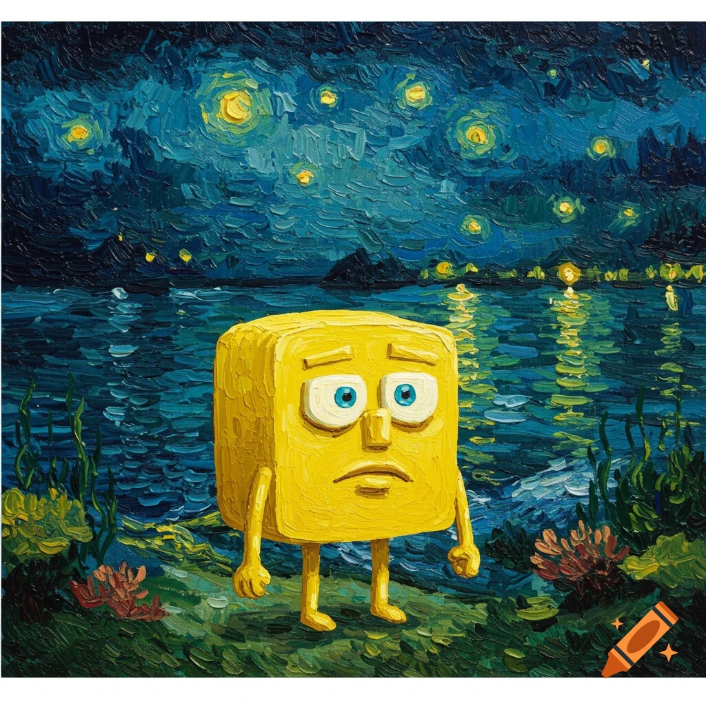 A sad yellow cube character with large blue eyes, reminiscent of Spongebob, stands by water under a swirling Van Gogh-style night sky.