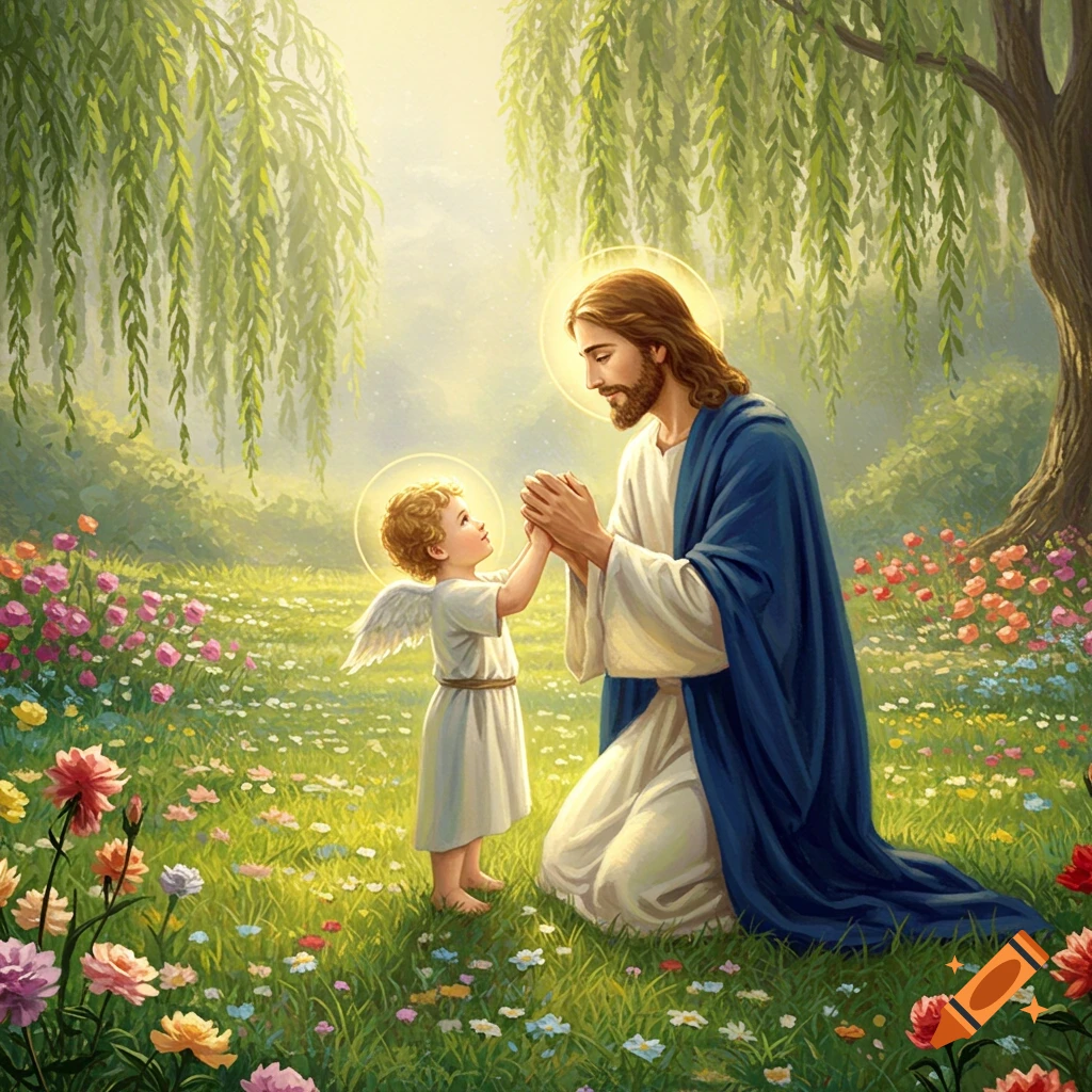 Jesus kneels with a winged child, both praying in a sunny, vibrant garden with flowers and a weeping willow tree. Illustrative.