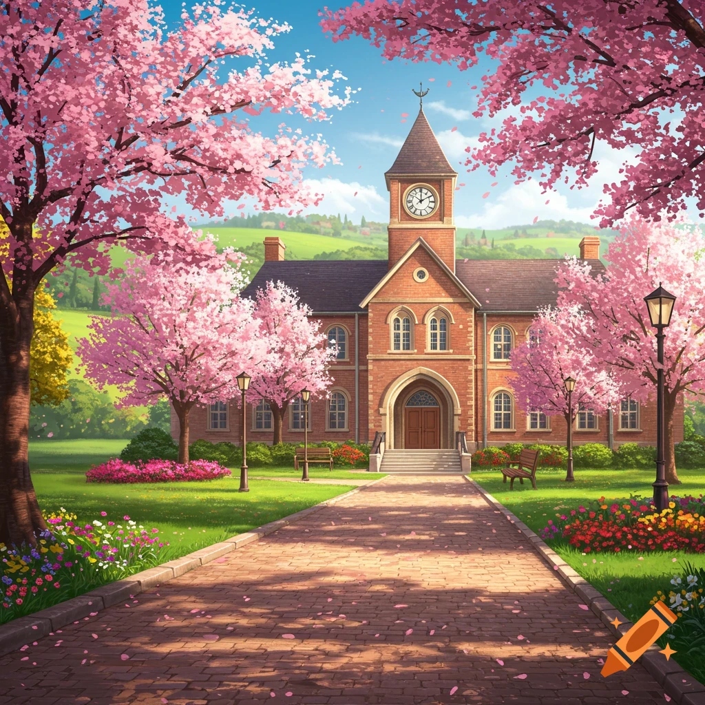 Anime style illustration of a brick school building with a clock tower, flanked by blooming pink cherry blossom trees and a paved path.