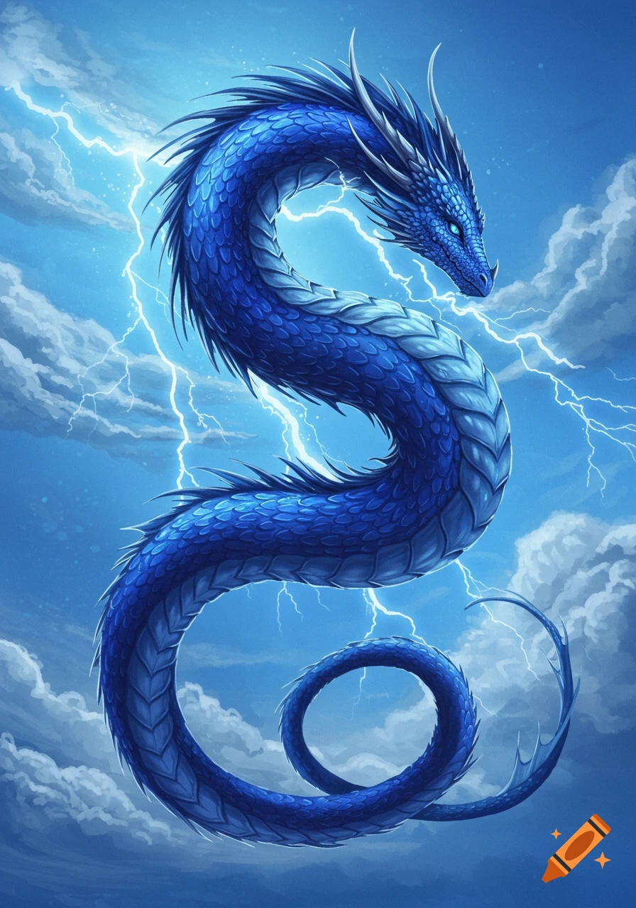 A majestic blue dragon with intricate scales coils in an S-shape against a stormy blue sky with bright white lightning and clouds.