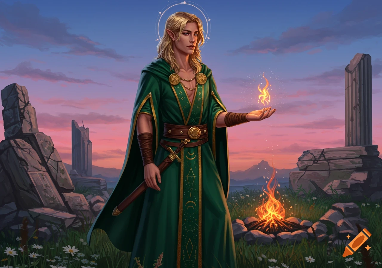 Blond elf cleric in green robe holds fire, standing by a campfire amidst ruins at sunset, digital painting.