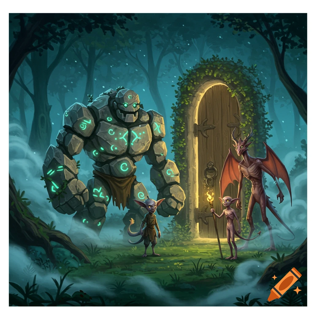 A large rock golem, two small imps, and a winged demon stand in a misty, enchanted forest before a vine-covered wooden door.