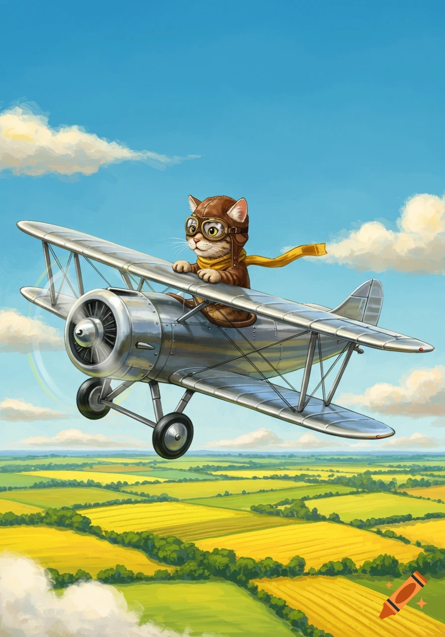 An illustration of a cartoon cat pilot in a biplane flying over green and yellow fields and clouds.